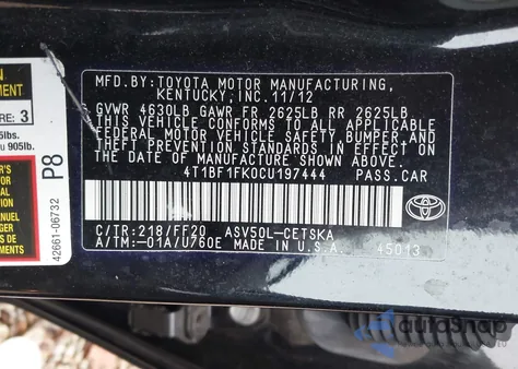 2012 Toyota Camry Se Limited Edition из США, поврежденный, VIN 4T1BF1FK0CU197444